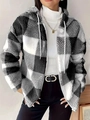 Giacca con cappuccio in pile a quadri bianchi e neri con coulisse per donna - S / Nero