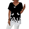 Detail of V-neckline and white butterfly print on black irregular hem women's T-shirt - S / Black and White Small Butterfly
