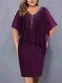 Elegant purple plus size chiffon dress with rhinestone V-neck and layered cape design - S / Purple