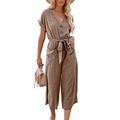 Women's V-neck dark brown wide-leg jumpsuit with waist tie and large pockets - S / Khaki