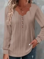 Top de manga larga acanalado color malva para mujer con cuello de pico festoneado y botones - S / Caqui