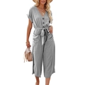 Women's off-white V-neck short sleeve romper with waist tie and pockets in a relaxed fit - S / Gray