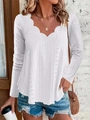 Detail of white long sleeve top featuring scalloped V-neckline and eyelet embroidery pattern - 1XL / White