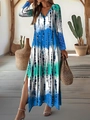 Damen V-Ausschnitt Langarm-Maxikleid mit blau-grünem Batik-Print und Seitenschlitz - S / Blaugrün