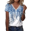 Women summer V-neck T-shirt with blue leaf print and delicate lace trim on white fabric - S / Print B Blue