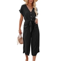 Women's black V-neck jumpsuit with waist drawstring, functional pockets and wide legs - S / Black