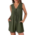 Women's dark green V-neck sleeveless romper with drawstring waist and side pockets - Army Green