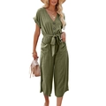 Army green casual V-neck short sleeve romper with waist tie and side pockets - S / Army Green