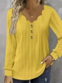Top amarillo de manga larga para mujer con cuello en V festoneado y botones decorativos - S / Amarillo