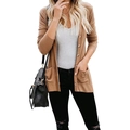Women's camel brown long sleeve knit cardigan with buttons and pockets in rib texture - S / Khaki