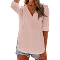 Detail von hellrosa Chiffon-Hoodie mit V-Ausschnitt, Kordelzug und Vordertaschentextur - S / Rosa