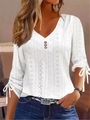 Top blanco de mujer con cuello en V, bordado jacquard y mangas con lazo ajustable - S / Tops / Blanco
