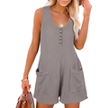 Combinaison courte grise en maille gaufrée pour femme avec col en V, boutons et poches - S / Gris