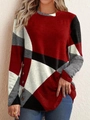 Detail of red and black geometric pattern cashmere long sleeve tee with side buttons - S / Red