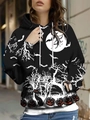 Women's Halloween hoodie featuring digital moon, bats and orange pumpkin prints - S / Black & White