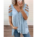 Dettaglio top azzurro con scollo a V, zip metallica, spalle scoperte e stampa a cuori - Taglia S / Top / Viola