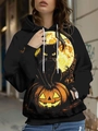 Women's black Halloween hoodie featuring a black cat on a pumpkin with moon digital print - S / Black and Yellow