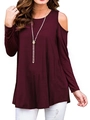 Casual burgundy long sleeve cold shoulder top with round neck and flared A-line hem - Burgundy