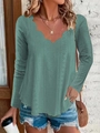 Chic sage green long sleeve top with scalloped V-neck and delicate eyelet texture - 1XL / Green