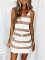 Damen-V-Ausschnitt-Streifenkleid mit Kordelzug und Seitentaschen in Weiß und Beige - S / Khaki