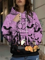 Women's Halloween hoodie with purple sequins print, bats, pumpkins and white ghosts - S / Purple
