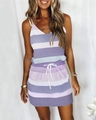 Women's summer striped maxi dress with V-neck, spaghetti straps and waist drawstring - Violet