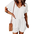 Women's casual white V-neck romper with ribbed texture and drawstring elastic waist - White