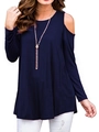 Women's casual navy cold shoulder long sleeve t-shirt with loose fit and crew neck style - S / Navy Blue