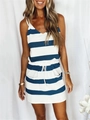 Blue and white striped sleeveless V-neck dress with drawstring waist and two front pockets - Navy Blue