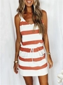 Women's orange striped summer V-neck dress with drawstring waist and pockets - Orange