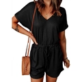 Women's black ribbed knit romper with V-neckline and drawstring waist for casual wear - Black