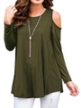 Olive green cold shoulder long sleeve t-shirt with a loose fit and round neck for women - S / Army Green
