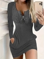 Robe mini moulante en maille côtelée grise à manches longues et décolleté zippé tendance - S / Gris