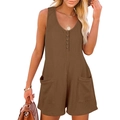 Ärmelloser Jumpsuit in Braun mit Waffelstruktur, Knopfleiste und seitlichen Taschen - Kaffeebraun