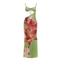 Abito lungo verde sexy con cut-out, stampa floreale e dettagli in strass luminosi - S / Verde