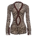Body attillato con stampa leopardata, scollo a V profondo e bordi con volant marroni - S / Stampa leopardata