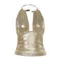 Sexy goldenes Metallic-Neckholder-Top mit V-Ausschnitt, Metallring und Falten-Design - S / Gold