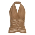 Elegante top marrone allacciato al collo con scollo a V profondo, arricciature e bottoni decorativi - S / Marrone