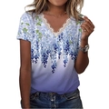 Women's summer V-neck T-shirt with white lace trim and purple wisteria floral print - S / Print A Blue