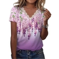 T-shirt da donna con scollo a V sfumato viola bianco, stampa floreale e pizzo - Taglia S / Top / Stampa A Fucsia