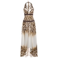 Abito lungo leopardato schiena scoperta con scollo all'americana e vita decorata - S / Leopardo Marrone