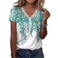 Women's V-neck T-shirt with green leaf print and white lace trim on neckline - Print B - Green / S