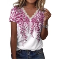 White V-neck summer T-shirt with purple floral print and delicate lace trim detail - Print B - Rose Red / S