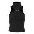 Chic black ribbed high-neck crop top featuring cross-twist front and metal accents - S / Black