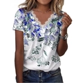 T-shirt estiva da donna con scollo a V, stampa floreale blu e bordo in pizzo - Taglia S / Top / Stampa C-Blu