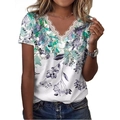T-shirt floreale da donna con scollo a V, bordo in pizzo bianco e stampa acquerello viola - Taglia S / Top / Stampa C-Verde
