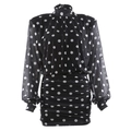 Schwarzes Minikleid mit Polka Dots, transparenten Netzärmeln und gerafftem Rock - S / Schwarz