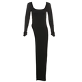 Detail of slim-fit black long sleeve dress with deep U-neck and irregular floor-length hem - S / Black