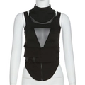 Slim fit black mesh patchwork tank top with buckle details in cyberpunk techwear style - S / Black