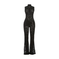Sleepless black lace jumpsuit with high neck and flared legs for a sleek party look - S / Black